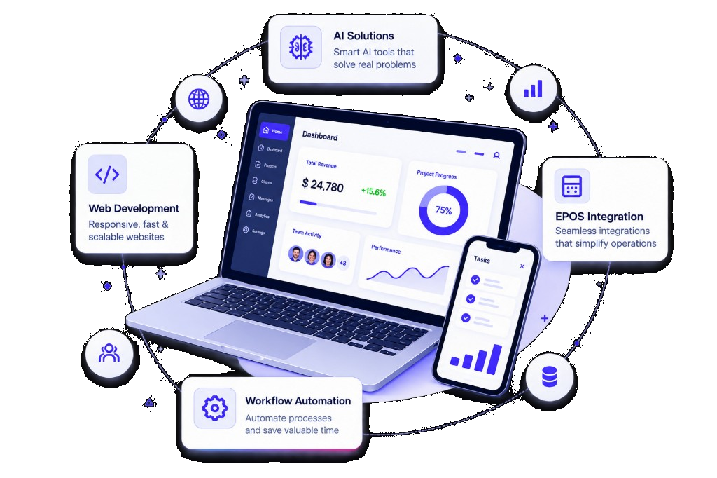 Laptop and smartphone dashboard with AI Solutions, Web Development, EPOS Integration, and Workflow Automation
